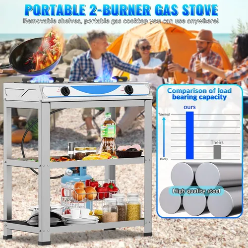 Miniatura 3 de Estufa de gas propano de 2 quemadores, estufa de gas portátil de 19000 BTU con soporte para patas y adaptador, estufa de campamento de encendido