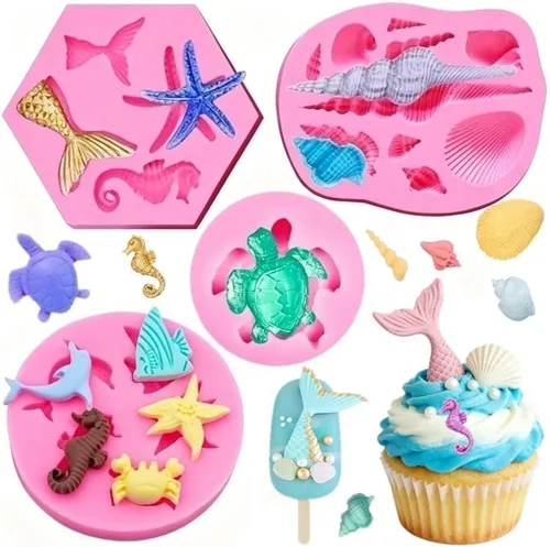 Miniatura 8 de Molde de silicona para tartas con temática de sirena, concha, estrella de mar, cola de sirena, molde para cupcakes para dulces, chocolate, fondant