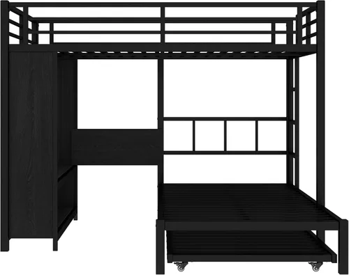 Miniatura 5 de Full Over Twin Bunk Bed with Trundle and Ladders, Metal Bunk Bed Frame with Built-in Foldable Desk & Wardrobe, Space-Saving Beds for Kids Teens