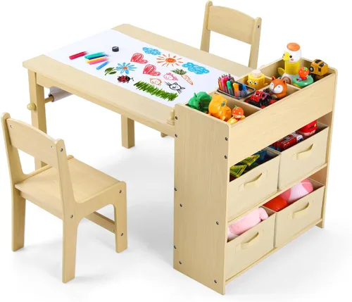 Arlopu - Juego de mesa de arte para niños y 2 sillas, mesa de actividades de madera para niños de gran tamaño, escritorio de dibujo resistente con