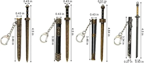 Miniatura 2 de Juego de 4 llaveros de katana mini, llavero chino de metal antiguo con hoja extraíble, abrecartas, adornos coleccionables