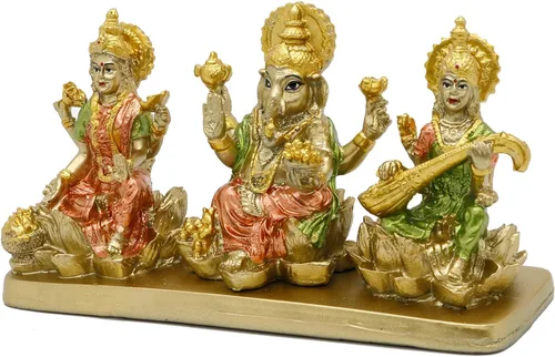 Miniatura 7 de alikiki Estatua hindú de Lakshmi Ganesha Saraswati – Ídolo de Laxmi Ganesh para decoración del tablero del automóvil, templo mandir Pooja, artículo