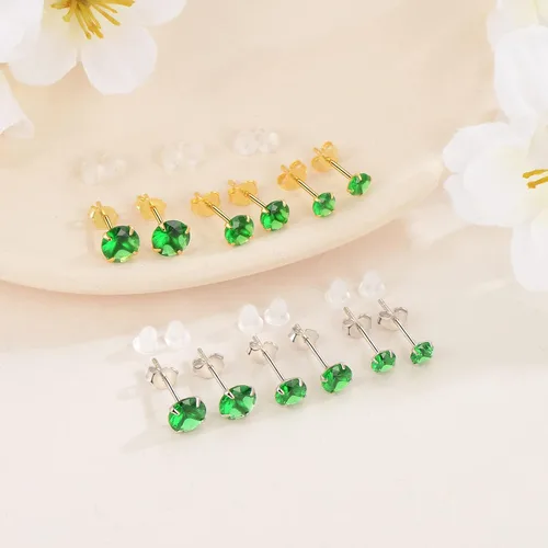 Miniatura 5 de Aretes de esmeralda chapados en oro amarillo o platino, plata de ley y circonita cúbica verde, aretes de tuerca para mujeres y niñas, joyería