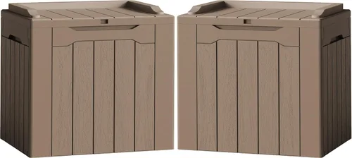 Miniatura 18 de Flamaker Caja de almacenamiento para exteriores de 80 galones, caja de resina impermeable para cubierta con textura de madera, caja de entrega