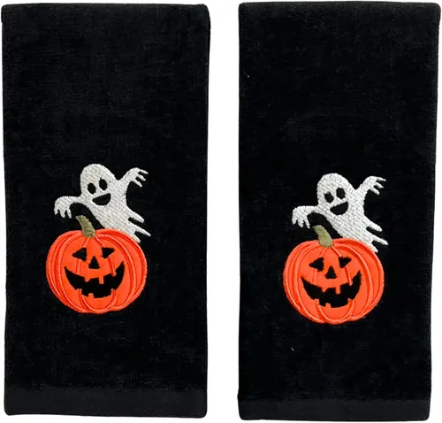 Miniatura 14 de Serafina Home Toallas de mano de baño de Halloween, fantasmas bordados, diseño Boo, juego de 2, color negro, 16 x 25 pulgadas