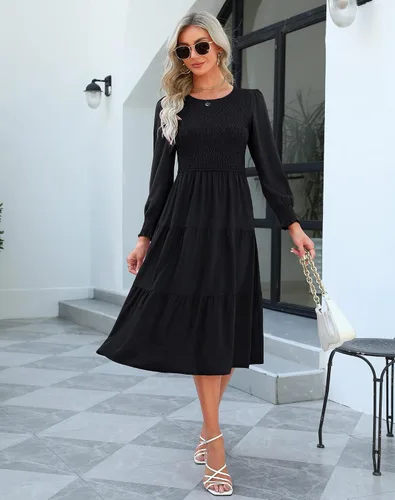 Miniatura 2 de Zattcas Vestido de otoño de manga larga para mujer 2023, corpiño fruncido y puños con lunares suizos, cuello redondo, escalonado, modesto, casual