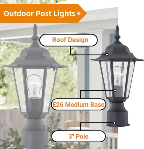 Miniatura 3 de WISBEAM Luz de poste para exteriores, linterna de poste, base E26 de 60 W máximo, carcasa de aluminio más vidrio, clasificación de ubicación húmeda