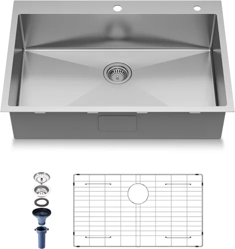Miniatura 9 de Fregadero de cocina de acero inoxidable S304 de calibre 16, 30 x 18 x 10 pulgadas, hecho a mano, moderno, con accesorios y fregaderos de cocina