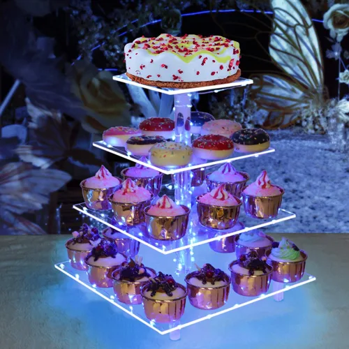 Miniatura 2 de weddingwish Soporte para cupcakes, soporte cuadrado de acrílico de 4 niveles con cadena de luces LED, torre de postre para pastelería