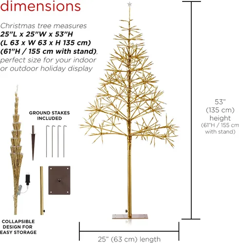 Miniatura 3 de Alpine Corporation Árbol de Navidad artificial festivo para interiores y exteriores de 53 pulgadas de alto con luces LED blancas cálidas, dorado