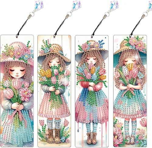 Miniatura 18 de Juego de 4 piezas de pintura de diamante, marcapáginas de mandala, de cuero, para manualidades, pintura de cristal con forma especial 5D por números