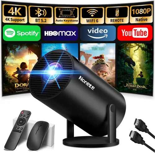 Mini proyector 4K compatible con 1080P FHD - Keystone automático 270° giratorio, WiFi 6 y Bluetooth 5.2, Smart Android TV OS, proyector portátil