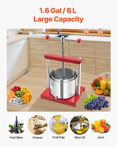 Miniatura 3 de VEVOR Prensa de vino de frutas de 1.6 galones/6L, 2 barriles de acero inoxidable, máquina manual de jugo, tintura de sidra, manzana, uva, miel, Rojo