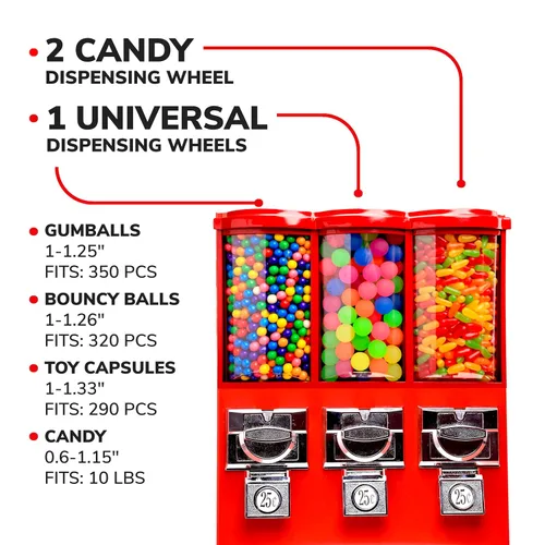 Miniatura 4 de Máquina expendedora – Máquina comercial de chicles y dulces con soporte y recarga en paquete – Máquina expendedora triple roja con recipientes