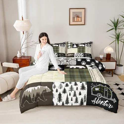 Miniatura 185 de Juego de edredón de cuernos de ciervo tamaño individual, juego de ropa de cama rústica de granja con huellas de oso y pinos para decoración