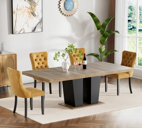 Miniatura 28 de Henf Juego de mesa de comedor extensible de 7 piezas para 6, 160 cm-200 cm Mesa de cocina extensible de grano de mármol blanco con 6 sillas Blanco