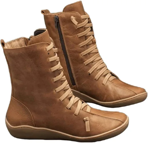 Miniatura 36 de Ladmiple Botas de tobillo para mujer, sin tacón, casual, con cremallera lateral, botas cortas vaqueras occidentales, zapatos para caminar V-Caqui