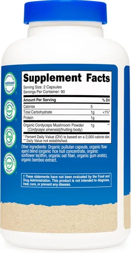 Miniatura 5 de Nutricost Cordyceps - Cápsulas de hongos de 1100 mg, 90 serv – Certificado CCOF fabricado con orgánico, sin gluten, 550 mg por cápsula (180 cápsulas)