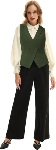 Miniatura 2 de Belle Poque Chaleco de doble botonadura para mujer con cuello de solapa vintage con 2 bolsillos