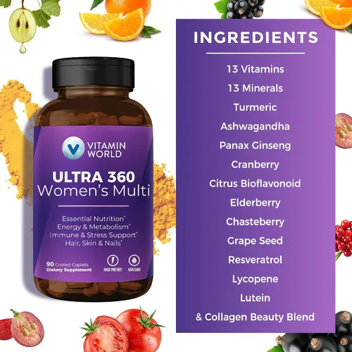 Miniatura 5 de Vitamin World Multivitamínico Ultra 360 para Mujeres, Multivitamínico para Mujeres con Hierbas y Colágeno para Cabello, Piel y Uñas, Suplemento