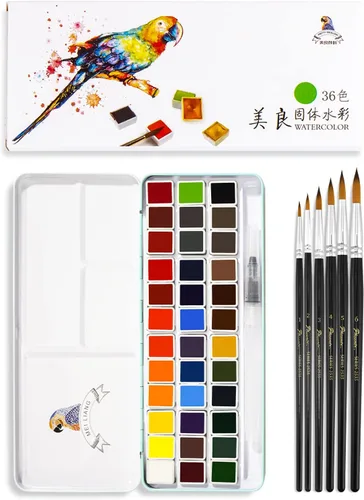 Miniatura 9 de MeiLiang - Juego de pintura de acuarela, 36 colores en caja portátil con anillo de metal y 7 pinceles de pintura, suministros de arte para pintura