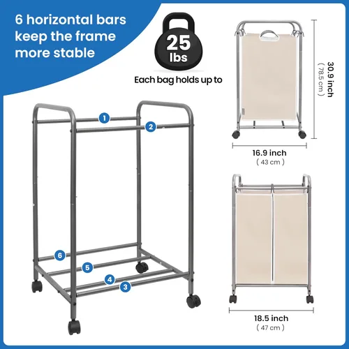 Miniatura 4 de STORAGE MANIAC Clasificador de ropa sucia de 2 secciones, cesto de ropa sucia de 90 L Gal con ruedas, clasificador separador de cesta de ropa, Beige