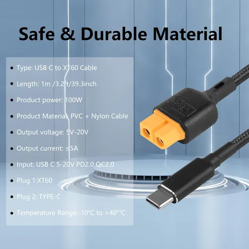 Miniatura 3 de SinLoon Cable de carga tipo C a XT60 de 39.3 pulgadas USB C a XT60 hembra Cable adaptador para dron, modelo, energía de almacenamiento de energía