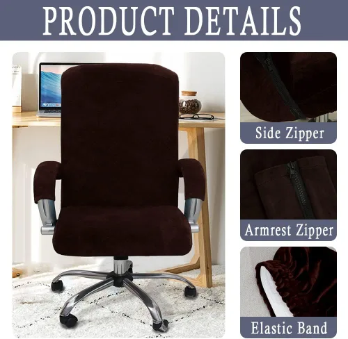 Miniatura 2 de ITFRO Funda para silla de oficina de 3 piezas con fundas para reposabrazos, funda de terciopelo para silla de escritorio de computadora con Marrón