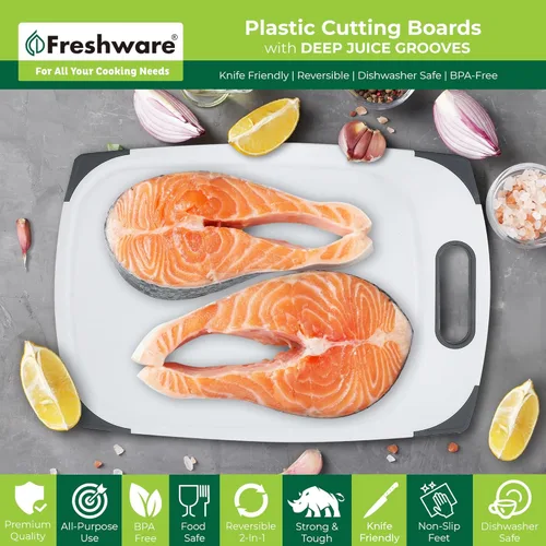 Miniatura 3 de Freshware Tablas de cortar para cocina, paquete de 3 tablas de cortar con diferentes tamaños, ranuras para jugos y asas antideslizantes, reversible
