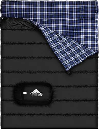 Miniatura 14 de Saco de dormir doble de Agemore de franela de algodón para acampar, hacer mochilero o senderismo. Saco de dormir impermeable de tamaño Queen para 2