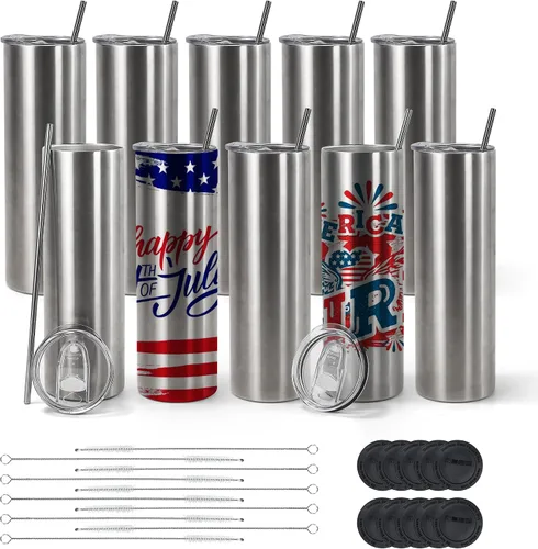 AGH Paquete de 10 vasos de 20 onzas de acero inoxidable con aislamiento al vacío y tapa y pajilla, mantiene el frío hasta 12 horas