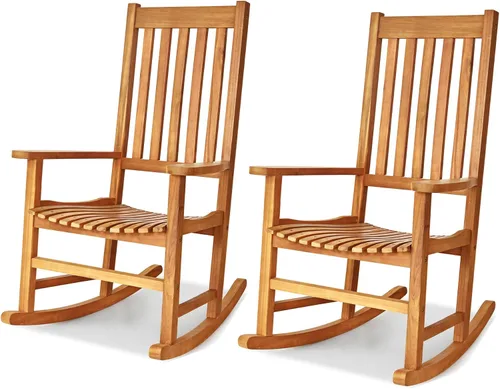Miniatura 11 de Tangkula Mecedora de madera de acacia, mecedora de madera con respaldo alto y reposabrazos para uso en interiores y exteriores, mecedora de patio