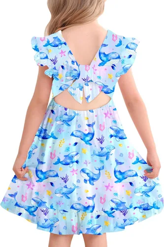 Miniatura 11 de Yousie Vestido de verano para niña pequeña, con volantes, lazo en la espalda, espalda descubierta, vestido de verano para fiesta