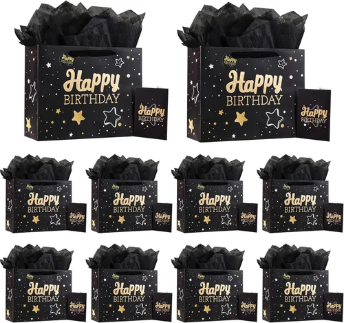 Miniatura 19 de Powbrace Bolsa de regalo de cumpleaños negra con papel de seda y tarjeta de felicitación, 13 x 10.2 x 4.9 pies, mediana