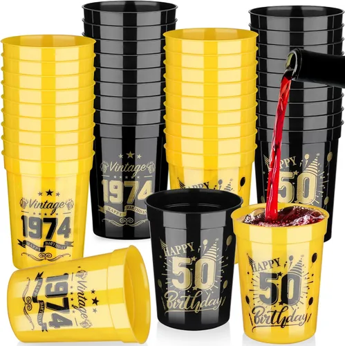Paquete de 40 vasos de plástico reutilizables para fiesta de cumpleaños, 8 onzas, color negro y dorado, para cumpleaños, aniversario, fiesta,