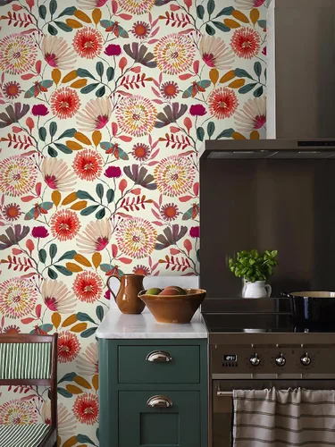 Miniatura 12 de Papel tapiz floral para despegar y pegar, papel de pared bohemio, extraíble, impermeable, verde/amarillo/azul, papel de contacto para dormitorio