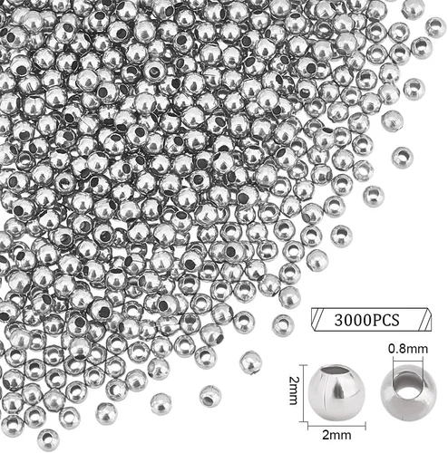 Miniatura 3 de UNICRAFTALE 3000 cuentas espaciadoras redondas de acero inoxidable, 0.079 pulgadas de diámetro, agujero de 0.031 pulgadas, lisas, ideales para hacer
