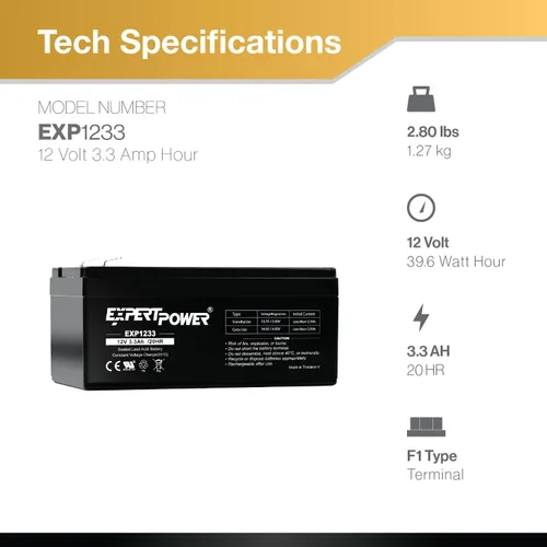 Miniatura 2 de ExpertPower Paquete de 6 baterías de plomo ácido selladas recargables de 12v 3.3ah