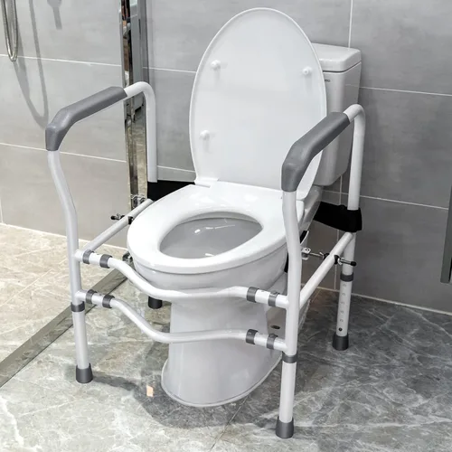 GYMAX Marco y riel de seguridad para inodoro, marco de asistencia médica ajustable de montaje libre para ancianos con clip giratorio de 360°,