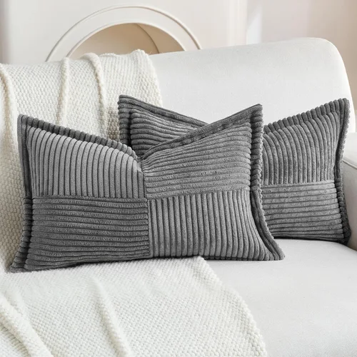 Miniatura 8 de HAUSSY Paquete de 2 fundas de almohada de 22 x 22 pulgadas, fundas decorativas de pana suave, estilo bohemio a rayas sólidas, fundas de cojín