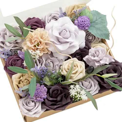 Miniatura 12 de Ling's moment Caja de Flores Falsas, Tallos de Vegetación Artificial Falsa Rosas de Espuma Dalias de Seda Hojas de Rosa Flor de Tela para Centros