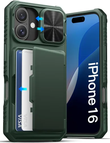 ATATOO Funda tipo cartera para iPhone 16 con tarjetero (almacena 3-5 tarjetas) [bloqueo RFID] y funda deslizante para cámara, protección de grado