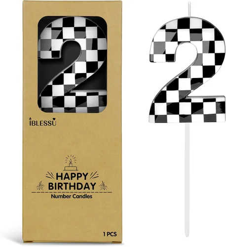 Miniatura 18 de Velas de cumpleaños de autos de carreras número 3, velas de cumpleaños a cuadros negros y blancos de 2.68 pulgadas, velas de números con temática
