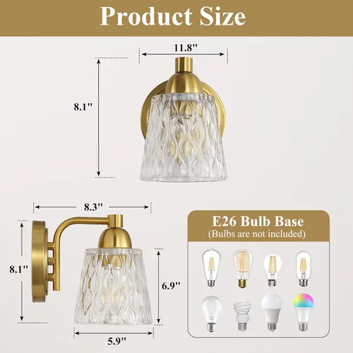 Miniatura 3 de Mecgirn Stainless Steel Bathroom Vanity Light Over Mirror, 1 Light Brushed Gold Bathroom Light Fixtures with Textured Glass Shades, Modern Vanity