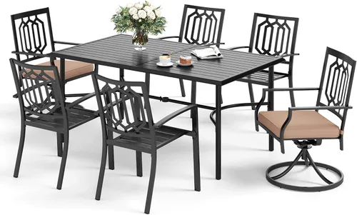 Miniatura 15 de SUNSHINE VALLEY Juego de 7 sillas de comedor para patio, material metálico, 6 sillas de comedor de color teca rectangular con agujero para sombrilla