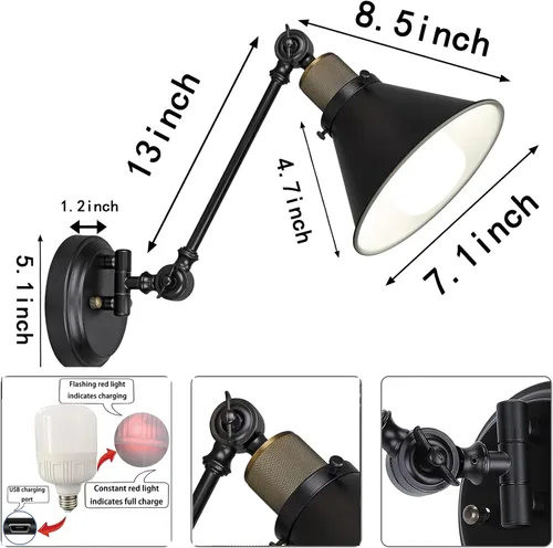 Miniatura 5 de Lámpara de pared con pilas, sin necesidad de cableado, iluminación de pared, con brazo oscilante, con control remoto regulable, para interiores