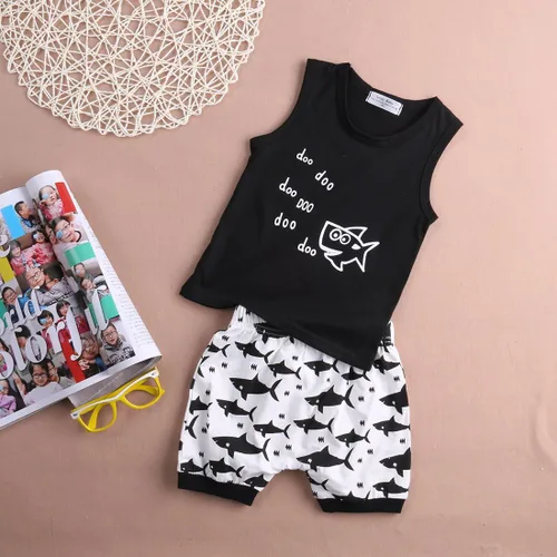 Miniatura 5 de Conjunto de ropa para bebé y niña, diseño de tiburón y Doo Doo, de algodón, sin mangas, conjunto de tops y pantalones cortos