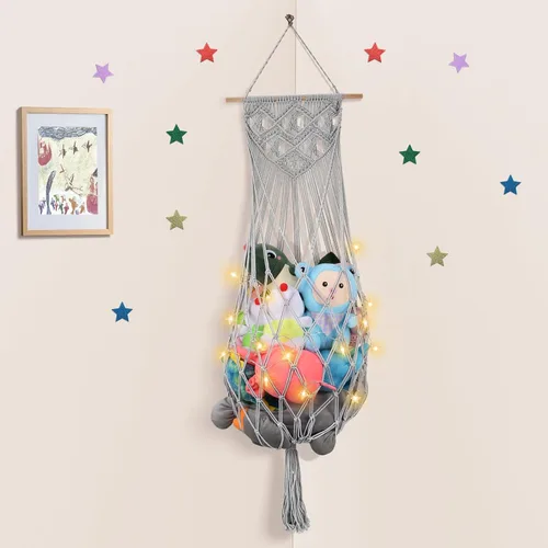 Miniatura 13 de Almacenamiento de animales de peluche jumbo de 63 pulgadas con luz LED de estrella, hamaca de juguete para colgar en la pared del techo sobre