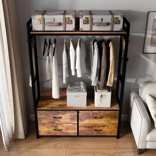 Miniatura 6 de Perchero para ropa con cajones, perchero para ropa con estantes y varilla para colgar, perchero de ropa industrial con almacenamiento para bolsas