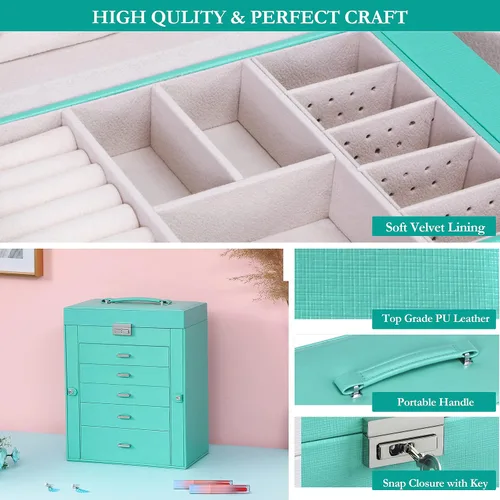 Miniatura 3 de ANWBROAD Joyero grande de 6 niveles, organizador de joyas, caja de almacenamiento con espejo de cerradura, caja de joyería para niñas, para aretes